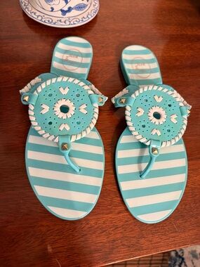 Jack Rogers Turquoise and White Striped Thong Sandals